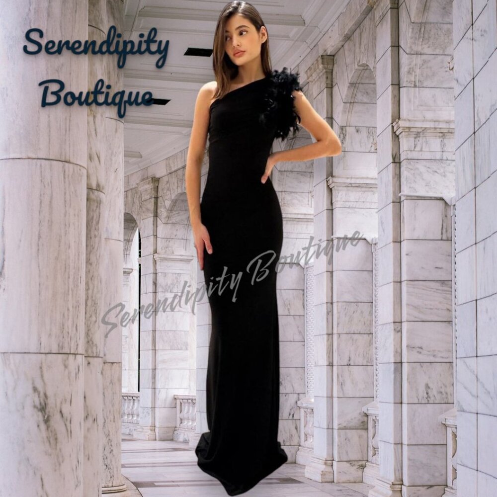 Elegant Black Feather Trim Tapered Fit One Shoulder Floor Length Maxi Dress